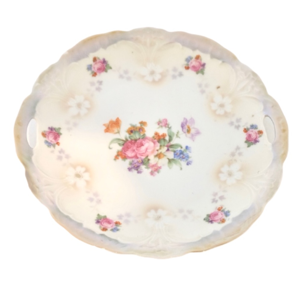 ANTIQUE Bavaria~HANDLED CAKE PLATE~FLORAL HAND PAINTED FINE PORCELAIN~9.5”